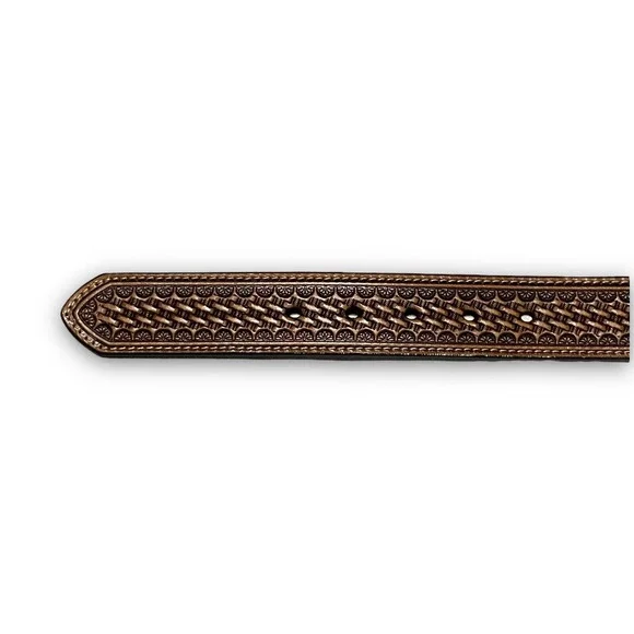 Nocona Mens Western Brown Leather Embossed Braided Belt Size 42 Conchos Inlay